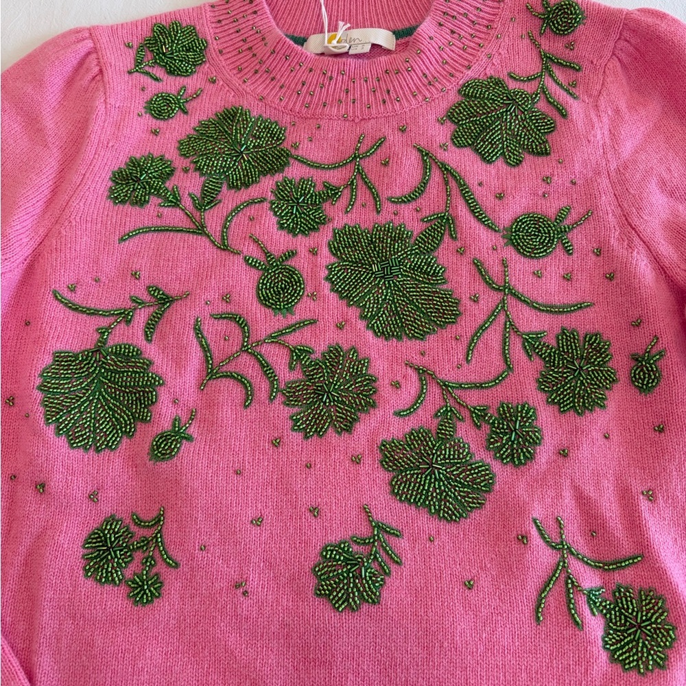 Boden NWT Rare Pink Sweater with Green Beading $154 orig.